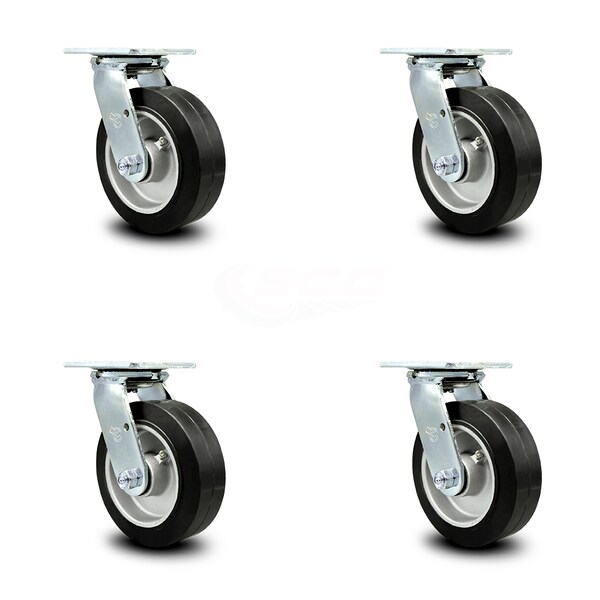6 Inch Rubber on Aluminum Wheel Swivel Caster Set with Ball Bearings SCC